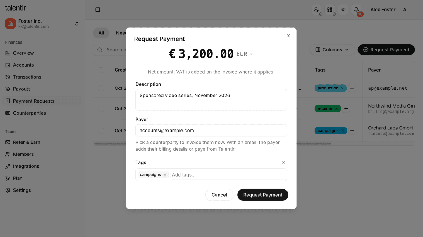 The Request Payment dialog with amount, description, payer and a tag
