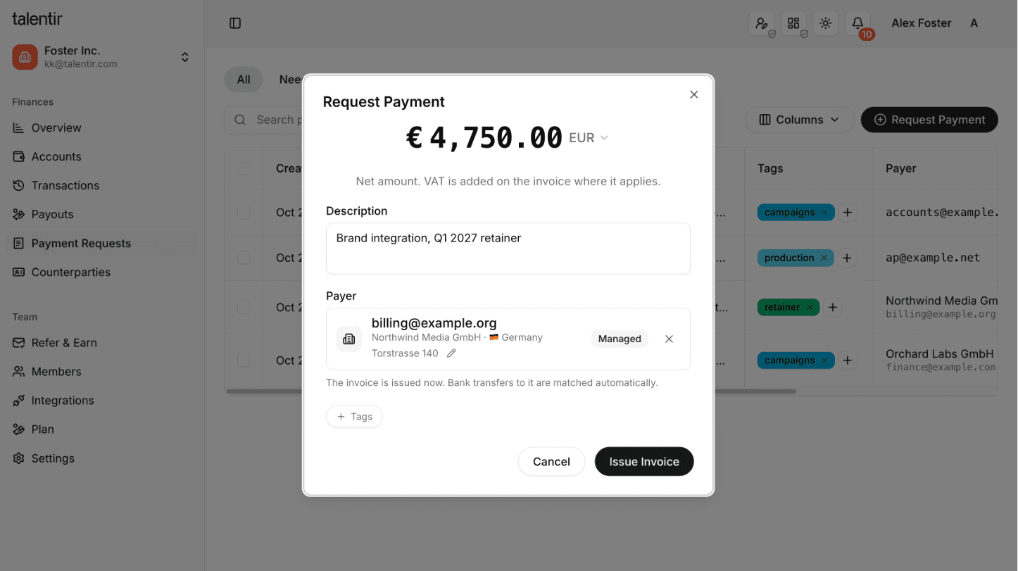 The dialog with a counterparty selected and an Issue Invoice button