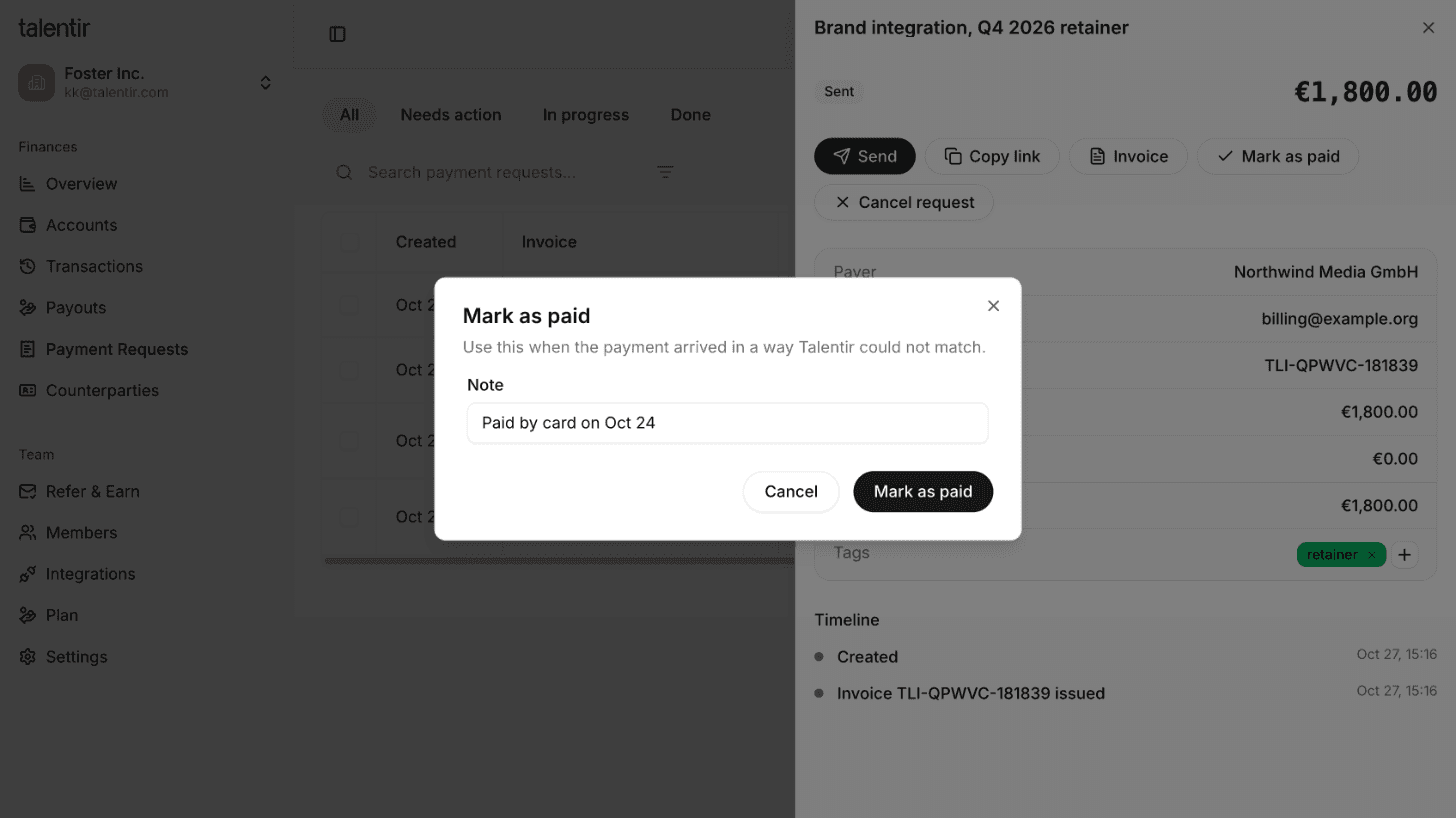 The Mark as paid dialog with a note