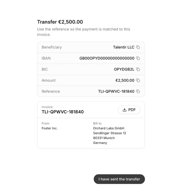 The bank details with the payment reference