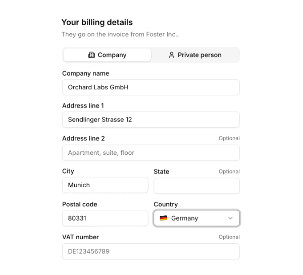 The billing details form on the payment page