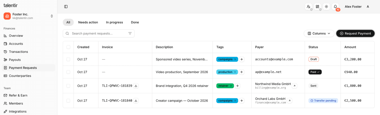 The Payment Requests table in the Talentir dashboard