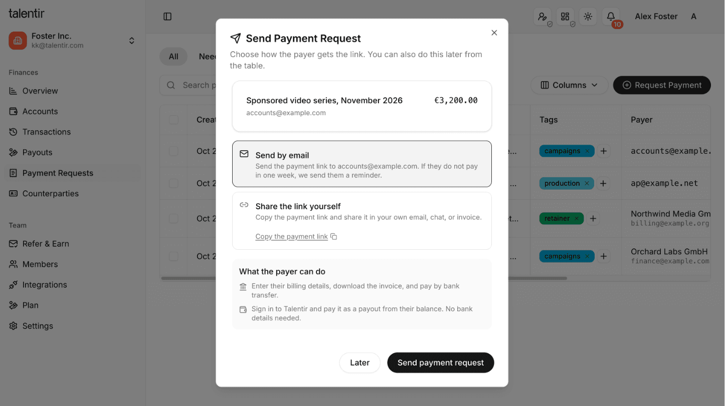 The Send Payment Request dialog with the two delivery options