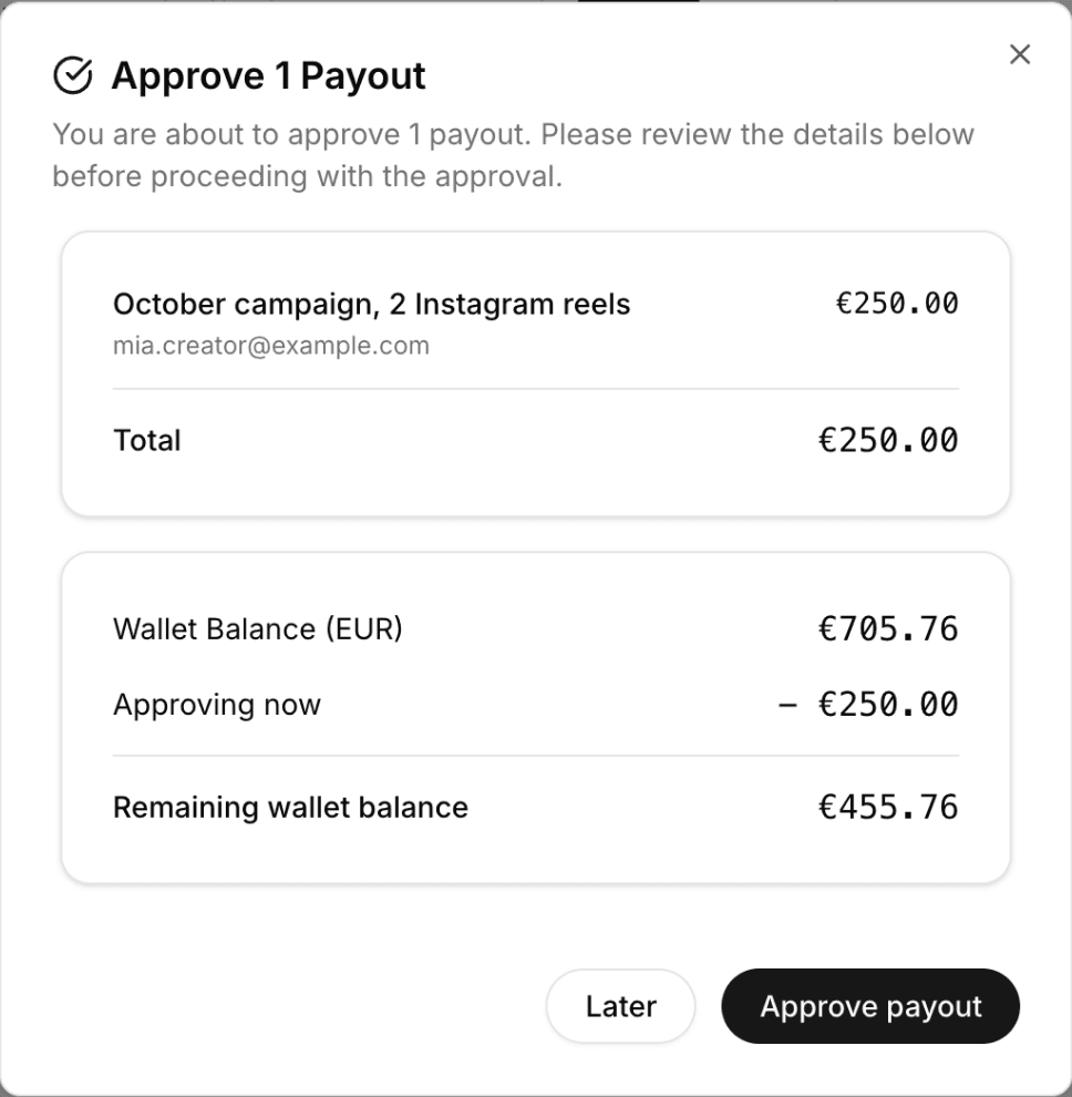 The approval step with the payout and the wallet balance