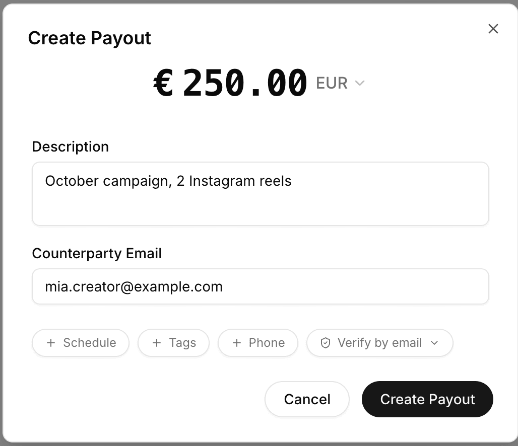 The Create Payout dialog with amount, description and counterparty email filled in