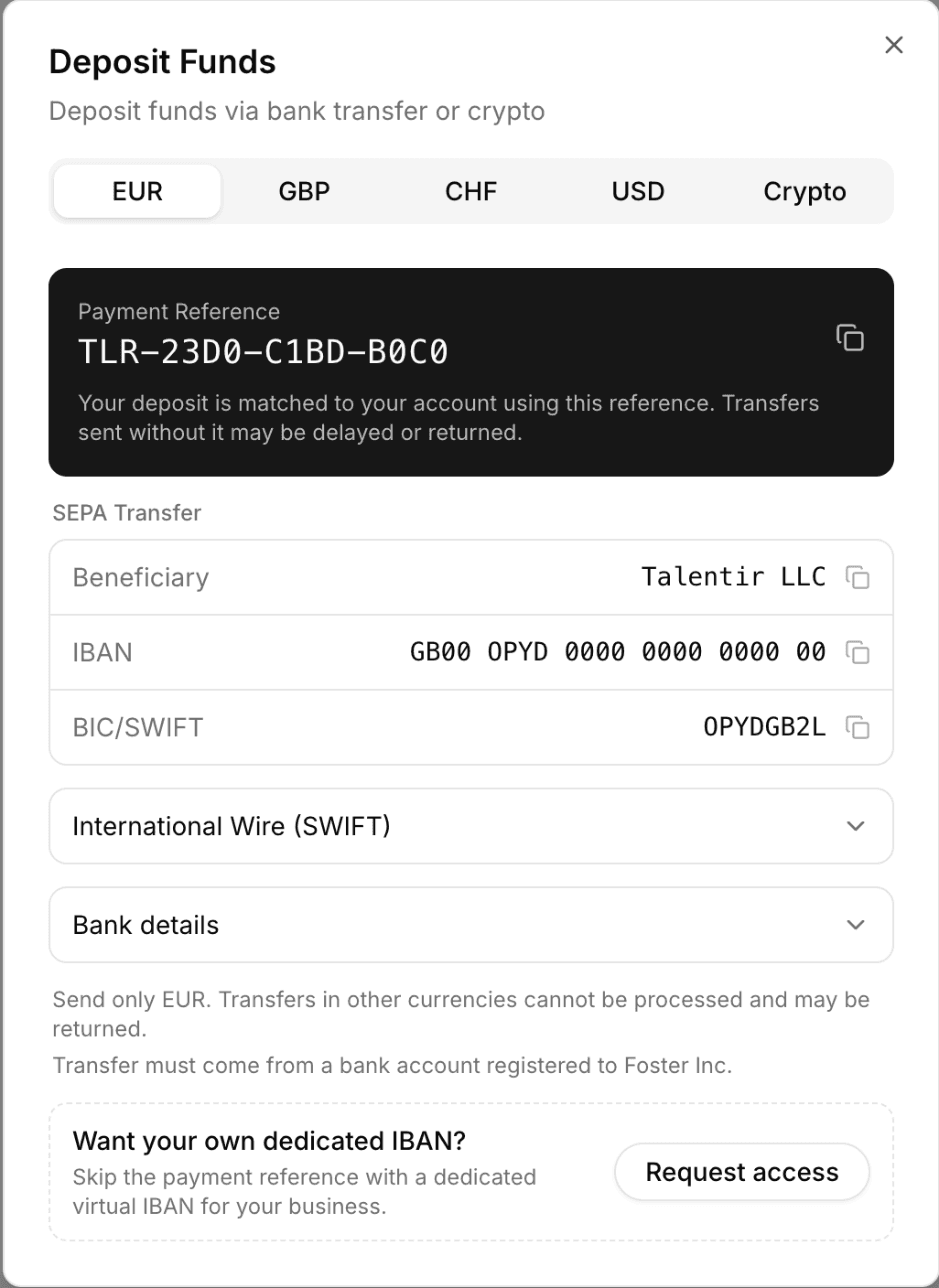 The Deposit Funds dialog with the bank details and the payment reference